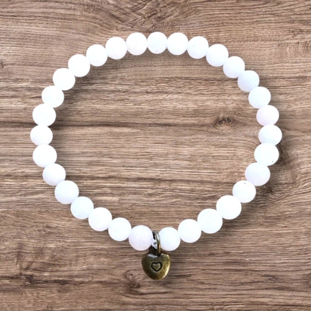 Matte Frosted Rose Quartz HQ Stretch Bracelet wBronze Reversible Heart Charm